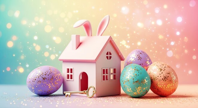 Pink bunny house model with golden key and sparkling easter eggs. Symbol of new beginnings and spring home for easter celebrations. Festive decoration concept for holiday greetings and seasonal joy