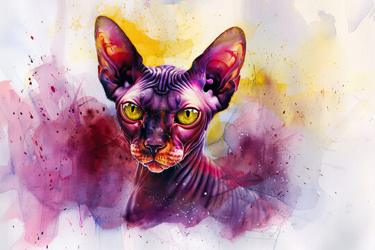 A watercolor painting of a Sphynx cat with bright yellow eyes