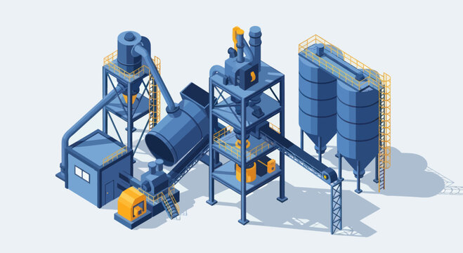 Isometric Industrial Concrete Mixing Plant with Silos and Conveyors.