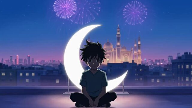 Young boy silhouetted against glowing crescent moon and fireworks over city skyline at night wallpaper