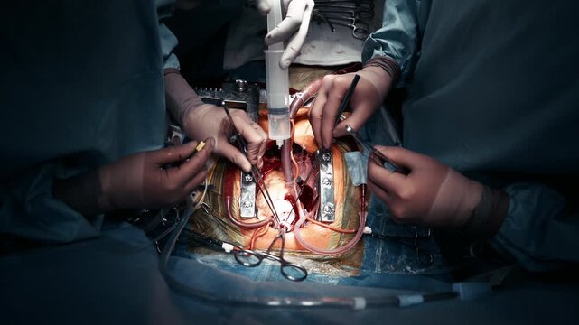 Open-chest heart surgery using advanced surgical tools in operating room. Concept of medical technologies and surgery.
