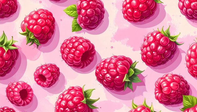 Fresh raspberries close-up pink background summer fruit seamless pattern food texture
