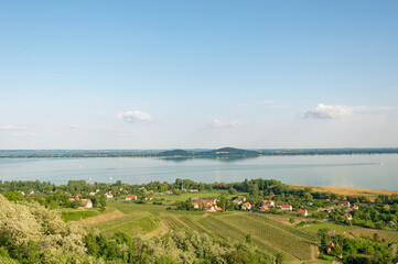 A beautiful scenic landscape of a lake and a village under a clear blue sky.
