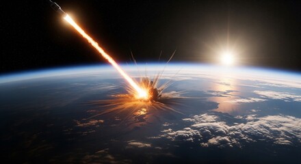 A cinematic view from space showing a bright energy beam or missile striking the Earth's surface, causing a massive explosion visible through the clouds