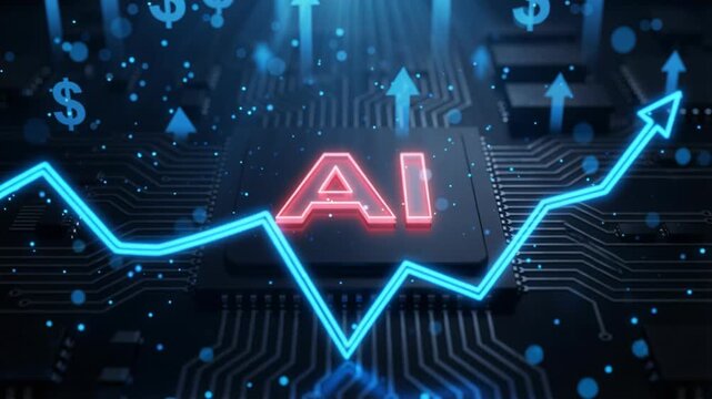 AI text on a blue tech interface with upward arrows, data center expansion, rising compute demand, memory market pressure.