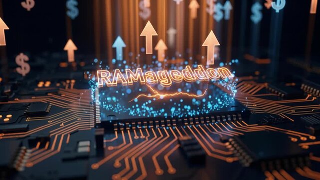Glowing RAMageddon text over a microchip and circuit board with rising arrows, memory price surge, data center demand, AI hardware shortage.