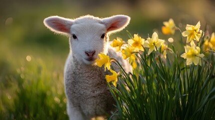 Fototapeta premium A newborn lamb is standing near yellow flowers in a green field