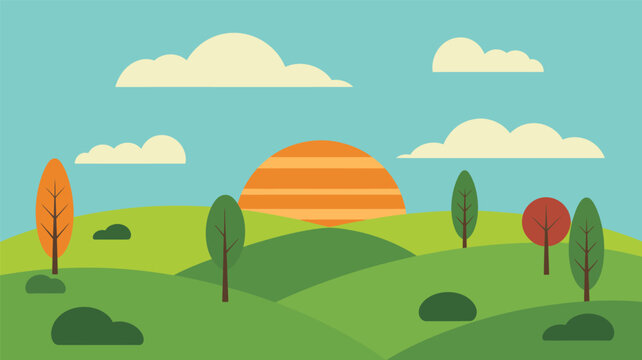 Abstract landscape with rolling green hills, stylized trees, and a setting sun under a blue sky with clouds