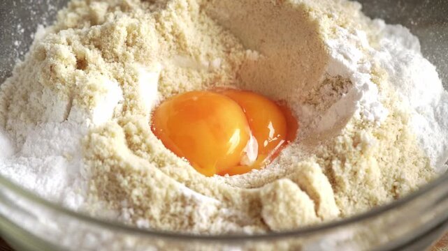 Adding fresh egg yolk into a bowl with wheat and almond flour - baking vanilla crescent cookies called Kipferl before Christmas