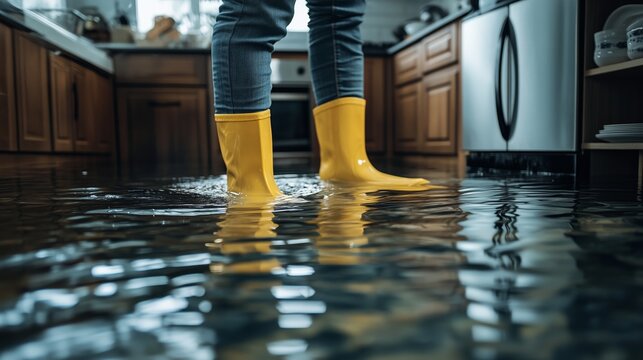 Water Covers Kitchen Floor as Person Stands in Yellow Boots During Flood