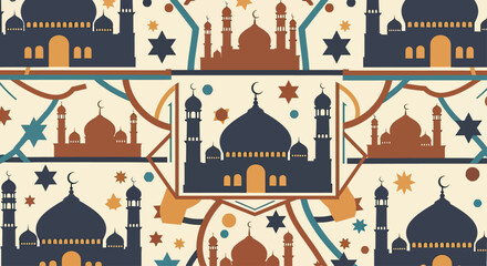 Islamic pattern with mosque silhouettes, stars, and geometric shapes in beige, blue, and orange