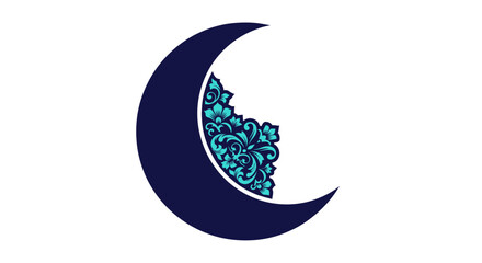 Obraz premium Dark blue crescent moon with intricate turquoise floral pattern on white background