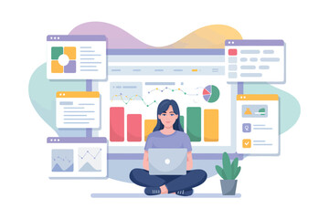 Woman analyzing data and charts on laptop with multiple screens displayed