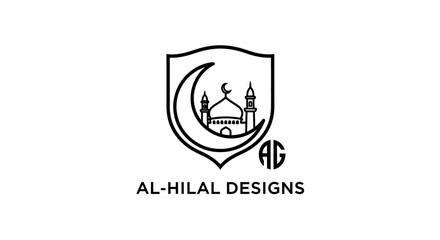 Islamic Logo with Crescent Moon, Mosque Silhouette, and "AL-HILAL DESIGNS" Text