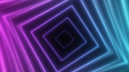 Fototapeta premium Abstract geometric neon tunnel of glowing squares in blue and purple tones creating a sense of infinite depth