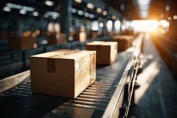 Boxes move on a conveyor belt in a large warehouse during sunset hours of the evening