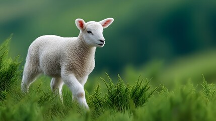 Obraz premium Sheep walks along a path with hoof prints visible on green grass