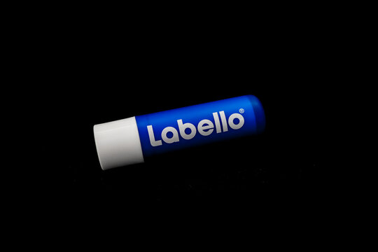 Tel Aviv, Israel- September 20, 2023: Labello classic care lip balm stick isolated on black background