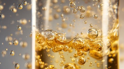 Golden liquid bubbles macro shot, abstract fluid texture with shimmering highlights