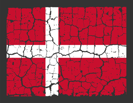 Illustration of the national flag of Denmark Dannebrog painted on a cracked wall. Grunge distressed style background with official Danish red and white nordic cross colors.