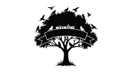 A striking black silhouette of a tree with birds and a ribbon banner creating a peaceful natural scene silhouette high quality © Ashik