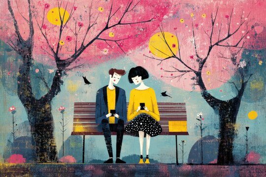 Couple on a date lost in their phones under blooming trees