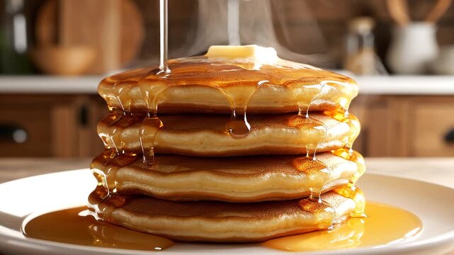 A stack of pancakes on a white plate with syrup being poured in a kitchen