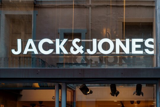 Barcelona, Spain-September 18, 2022. Logo and facade of Jack and Jones, Bestseller, a textile company. It was founded in Ringk&oslash;bing, Denmark in 1975 by Troes Holch.