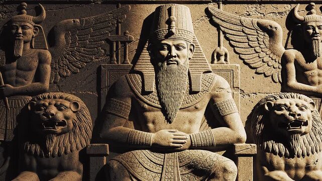 Ancient king sitting on a throne with lion statues and winged human figures in the background, symbolizing power and royalty in a historical setting