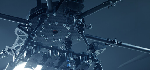 heavy agricultural drone frame in a workshop setting of Ukrainian war machine technological process