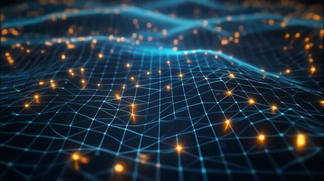 Digital grid landscape with glowing nodes and connections.