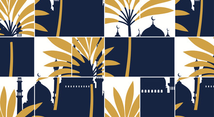 Islamic Mosque Silhouette with Palm Leaves Pattern, Blue and Gold © NAFAS KUDA