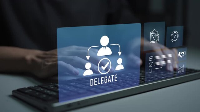 Delegation concept. Person typing keyboard with task assignment and team collaboration icons, leadership management, workflow distribution and productivity improvement.