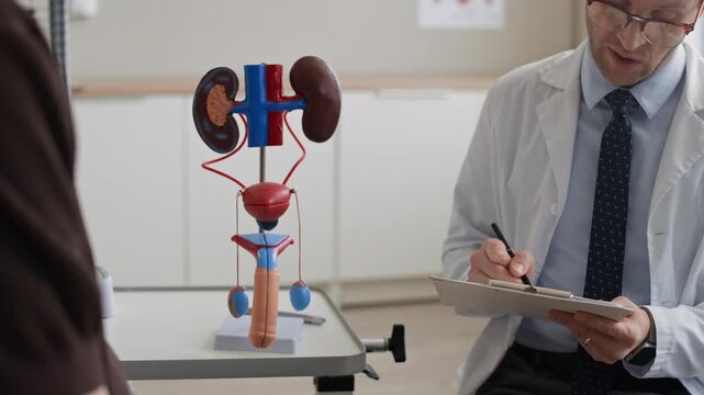 Broll shot of urologist conducting consultation with patient, writing notes on clipboard while kidney anatomy model sitting on desk in professional medical office