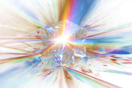 Abstract glowing cube with rainbow light refraction and colorful rays on transparent background