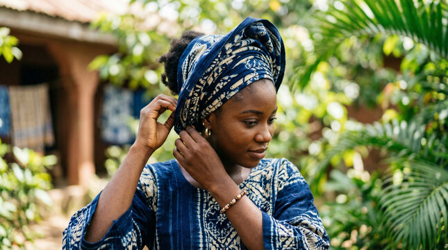 Person adjusting indigo patterned headwrap made from adire cloth, Afrohemian decor, adire, african textile