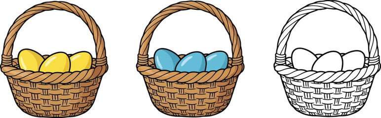 Woven wicker baskets filled with colorful and monochrome eggs are presented in three different rendering styles for holiday use.