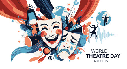 Vibrant World Theatre Day Celebration with Comedy and Tragedy Masks. © Shella