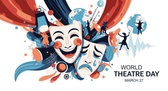 Vibrant World Theatre Day Celebration with Comedy and Tragedy Masks.