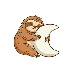 Fototapeta premium Cute cartoon sloth hugging a crescent moon, adorable animal illustration with a sleeping theme