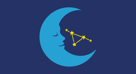 Blue crescent moon with closed eyes and constellation of stars on dark blue background © Win