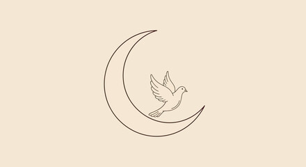 Obraz premium Minimalist line art of a dove flying next to a crescent moon on a beige background.