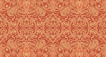 Fototapeta premium Seamless Paisley Pattern: Vintage Indian Fabric Texture, Warm Orange and Beige
