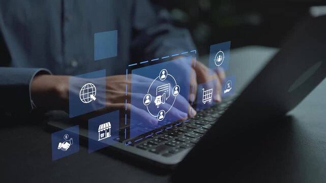 Affiliate marketing concept. Person using laptop with partnership and commission icons, online promotion, referral program and digital revenue generation.