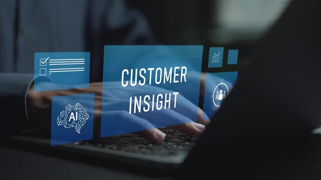 Customer insight marketing concept. Person typing keyboard with customer analytics and marketing icons, consumer behavior analysis, data driven strategy and business growth.