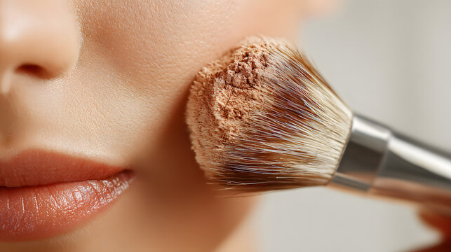 Woman applying makeup with powder brush for flawless face