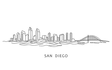 Naklejka na ściany i meble A minimalist black and white vector illustration depicting a cityscape featuring downtown San Diego, USA. Flat vector illustration isolated on a white background.