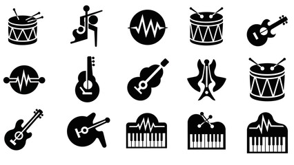 Black silhouette icons of musical instruments and symbols for music festival celebration on a white background. © saputra sida