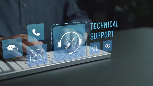 Technical support concept. Person typing keyboard with customer service and troubleshooting icons, IT assistance, help desk support and problem resolution.