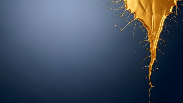 A dynamic and striking golden paint splash dripping vividly from the top right corner, intricate tendrils against a rich dark blue background.